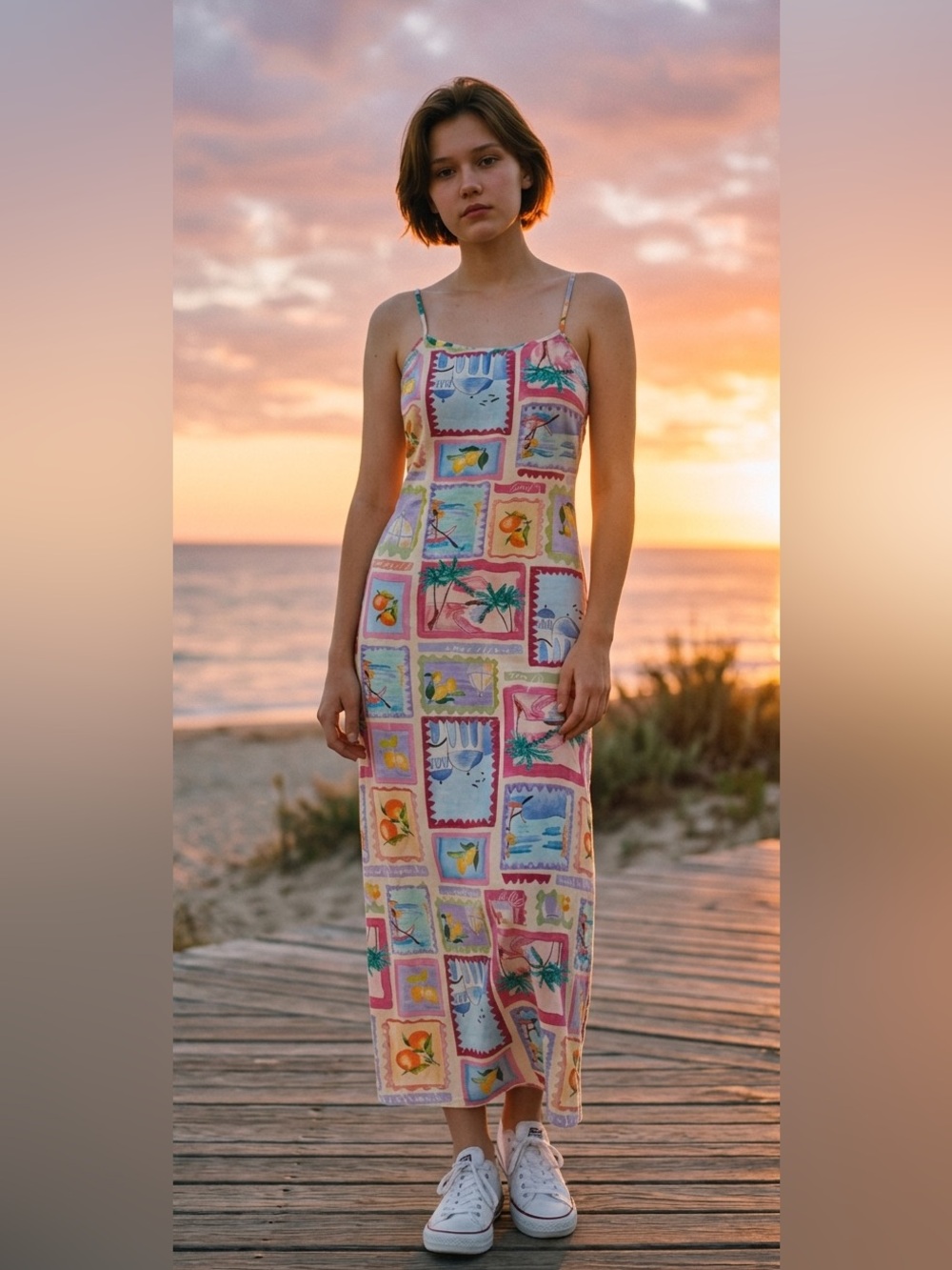 Vintage-Inspired Tropical Patchwork Maxi Dress in Pastel Colors